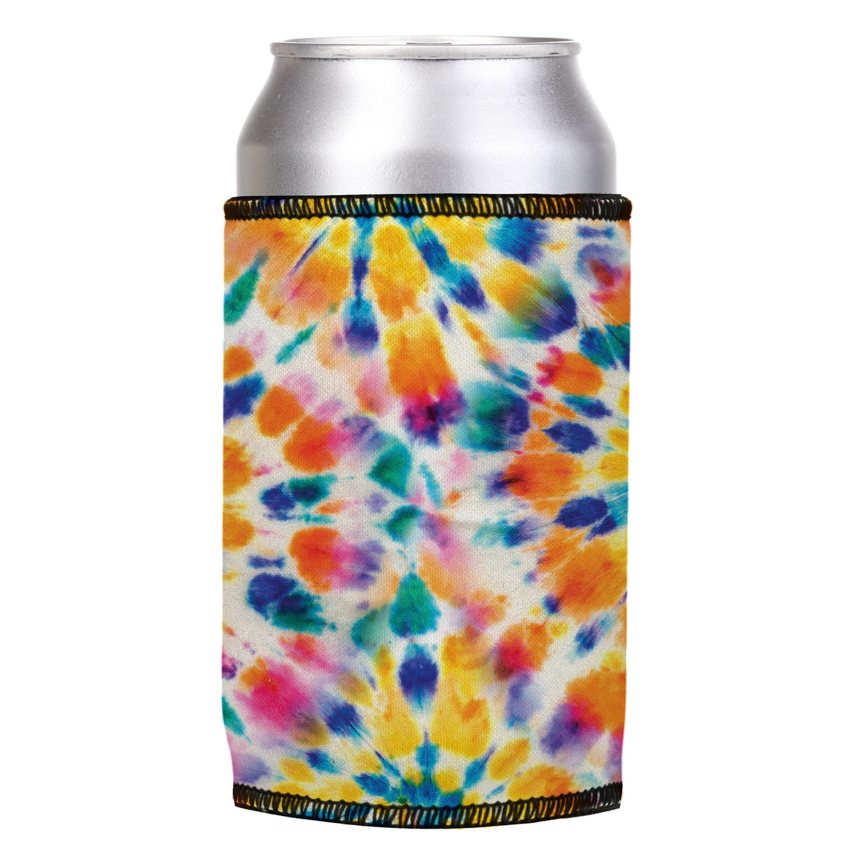 Rainbow Spiral Tie-Dye Stubbyz One Size cooler on a standard can, angled view