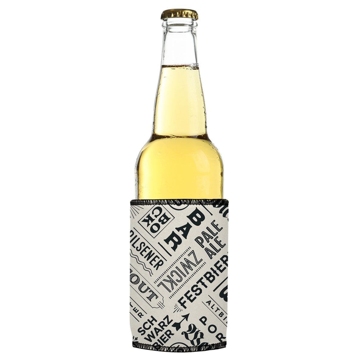 Beer Festival Stubbyz One Size cooler on a slim bottle, angled view