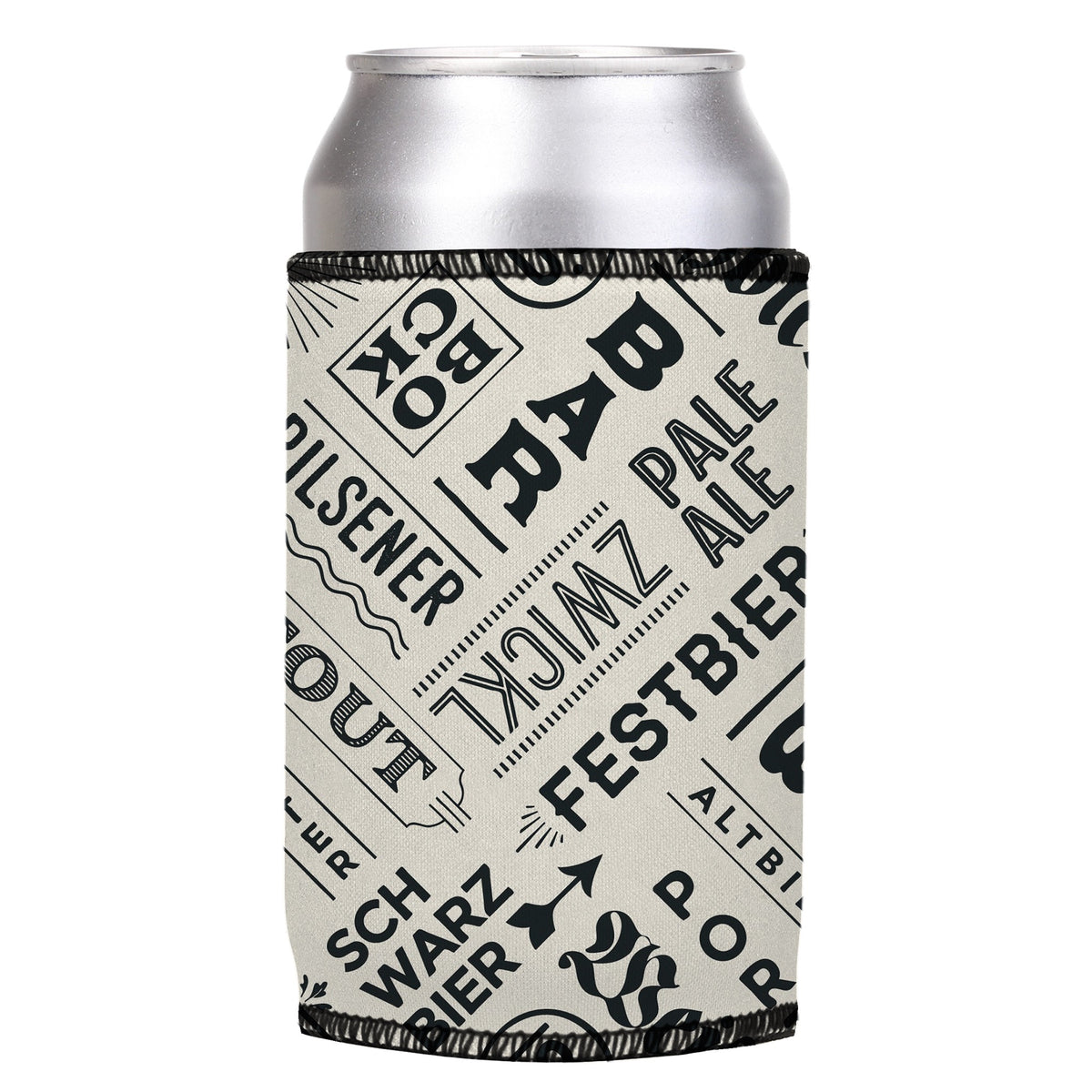 Beer Festival Stubbyz One Size cooler on a standard can, angled view