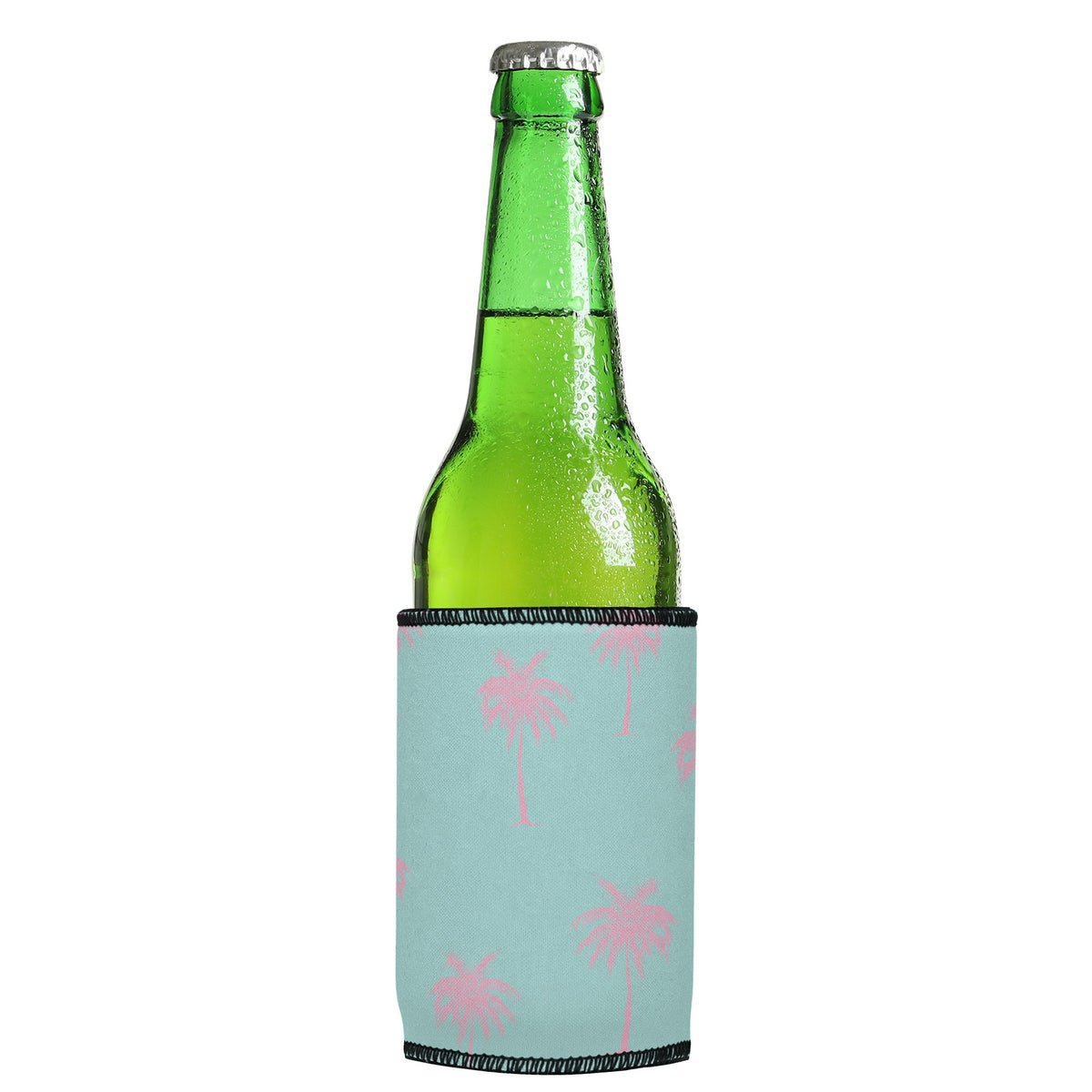 Palm Trees Pink Aqua Stubbyz One Size cooler on a slim Euro-style bottle