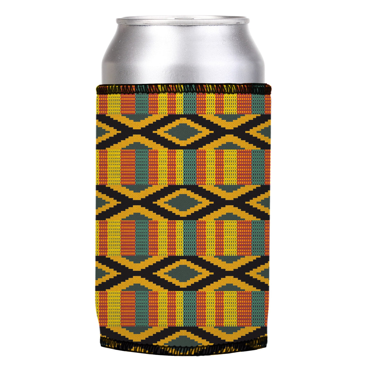 Ghana Kente Stubbyz One Size cooler on a standard can, angled view