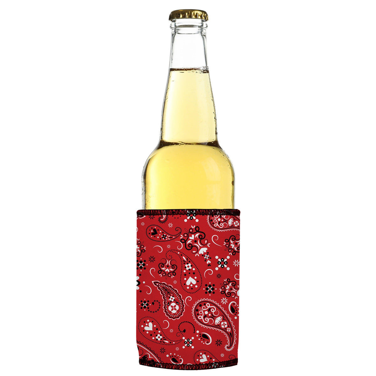 Red Bandana Stubbyz One Size cooler on a slim bottle, angled view