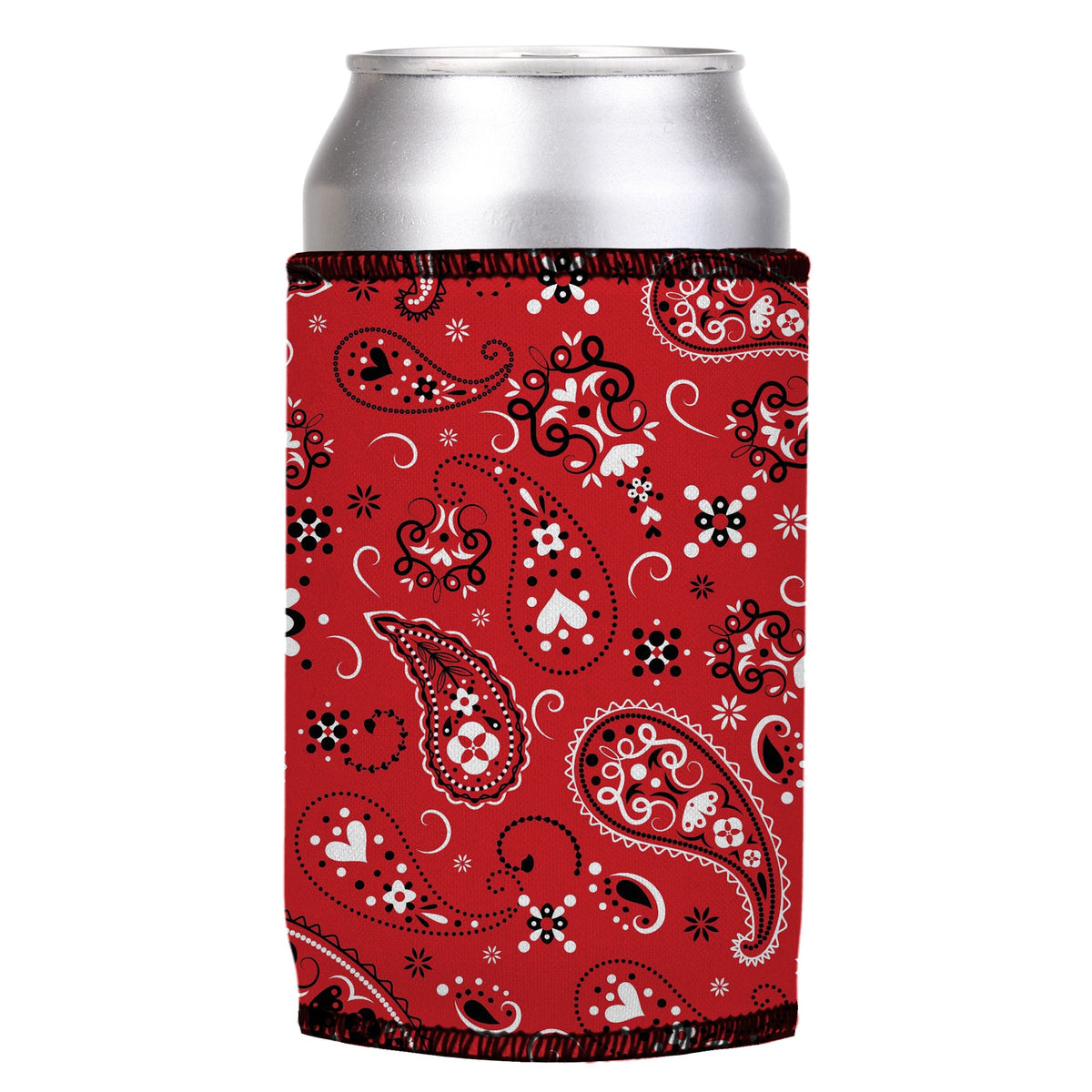 Red Bandana Stubbyz One Size cooler on a standard can, angled view