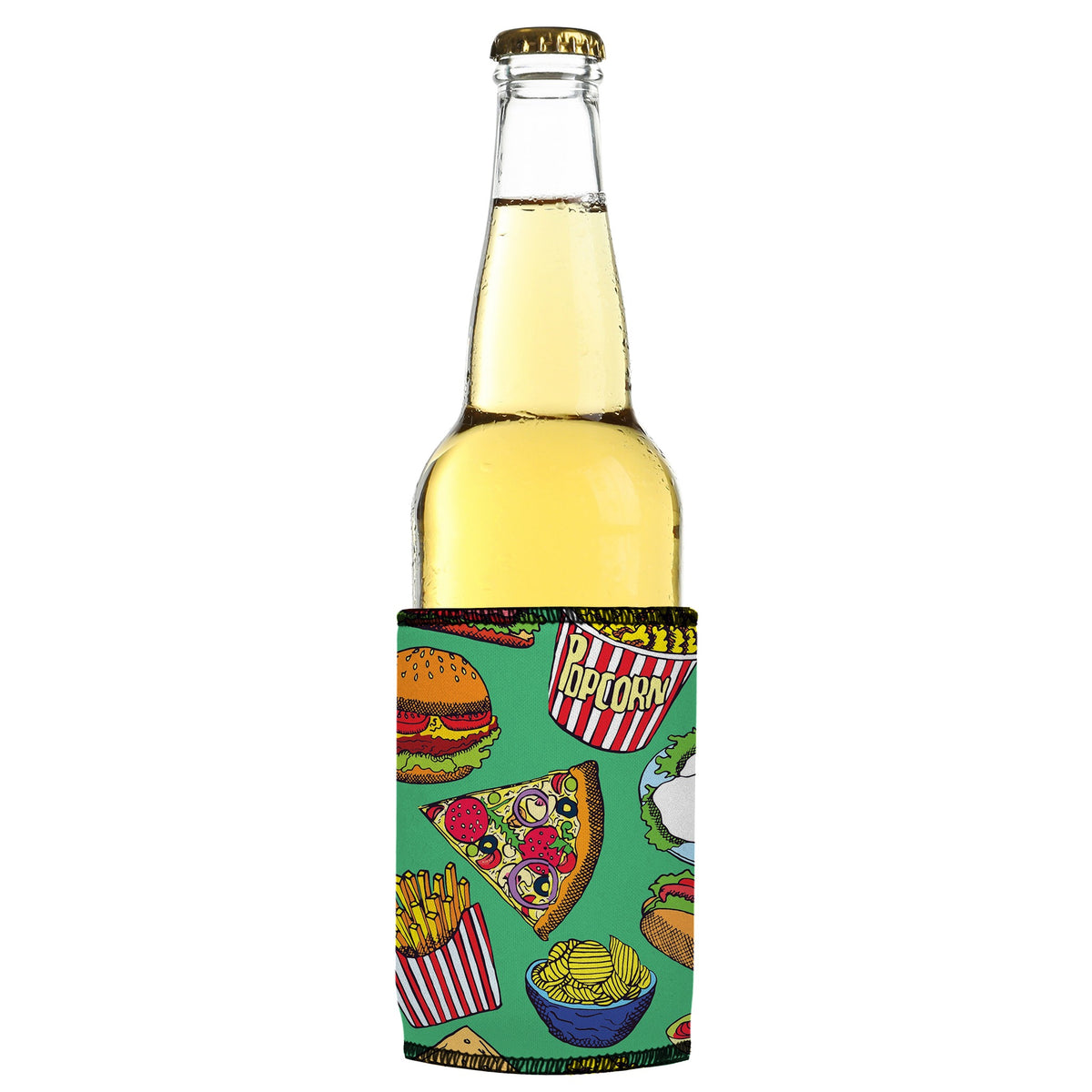 Burgers Junk Food Stubbyz One Size cooler on a slim bottle, angled view