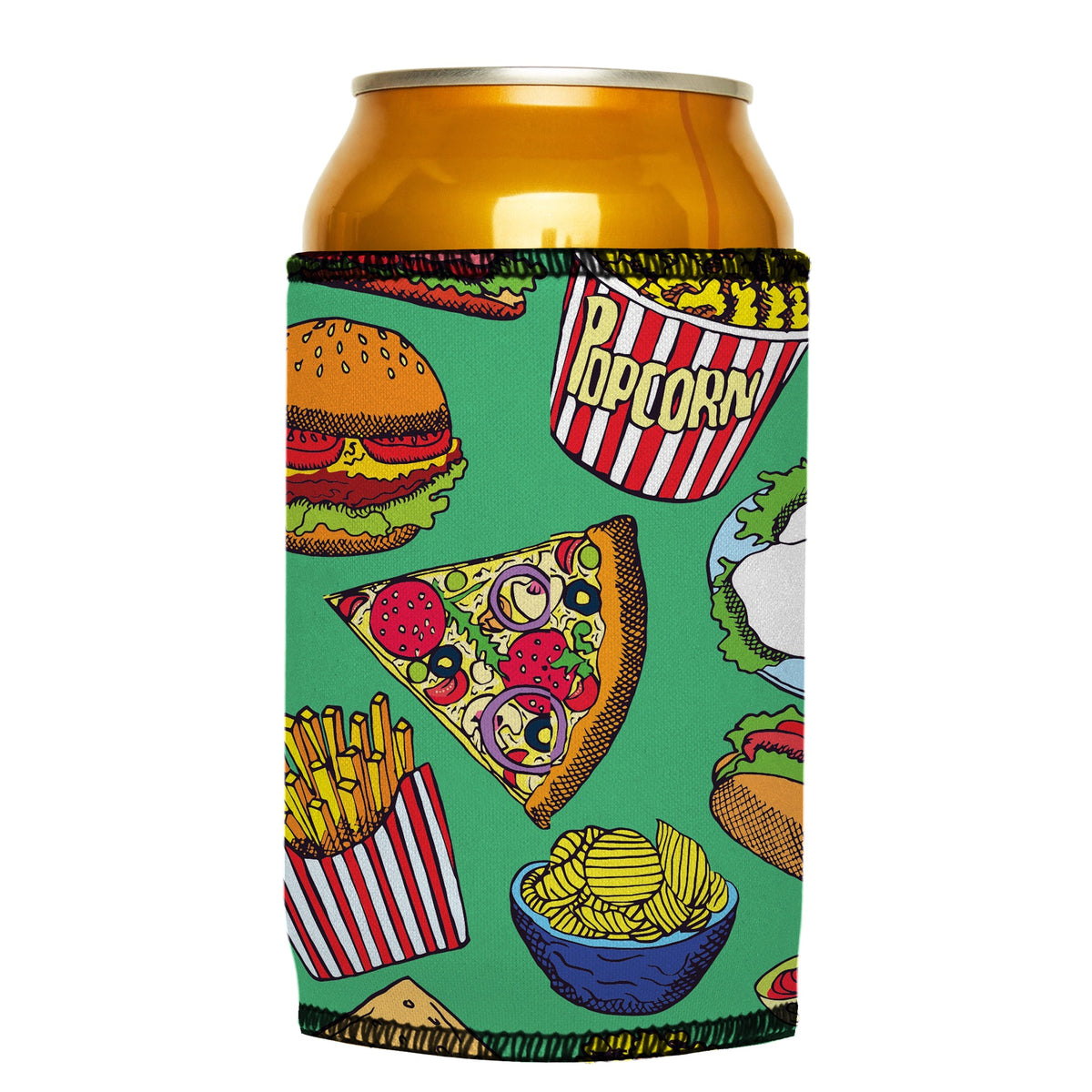 Burgers Junk Food Stubbyz One Size cooler on a standard can