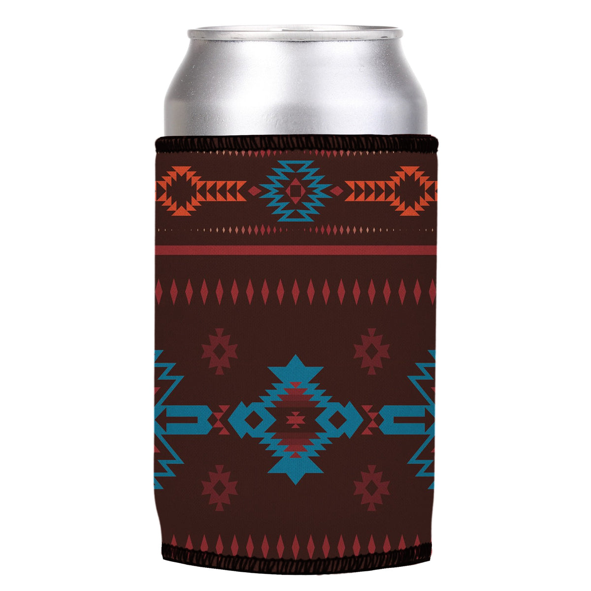 Brown Navajo Rug Stubbyz One Size cooler on a standard can, angled view