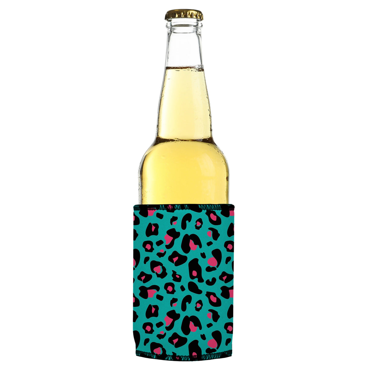 Teal Leopard Pattern Stubbyz One Size cooler on a slim bottle, angled view