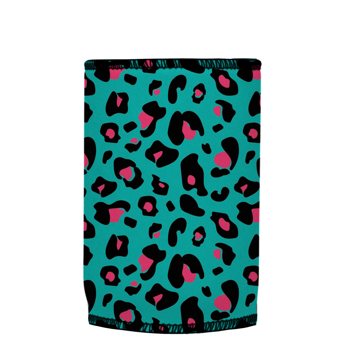 Teal Leopard Pattern Stubbyz One Size baseless stubby cooler, shown flat