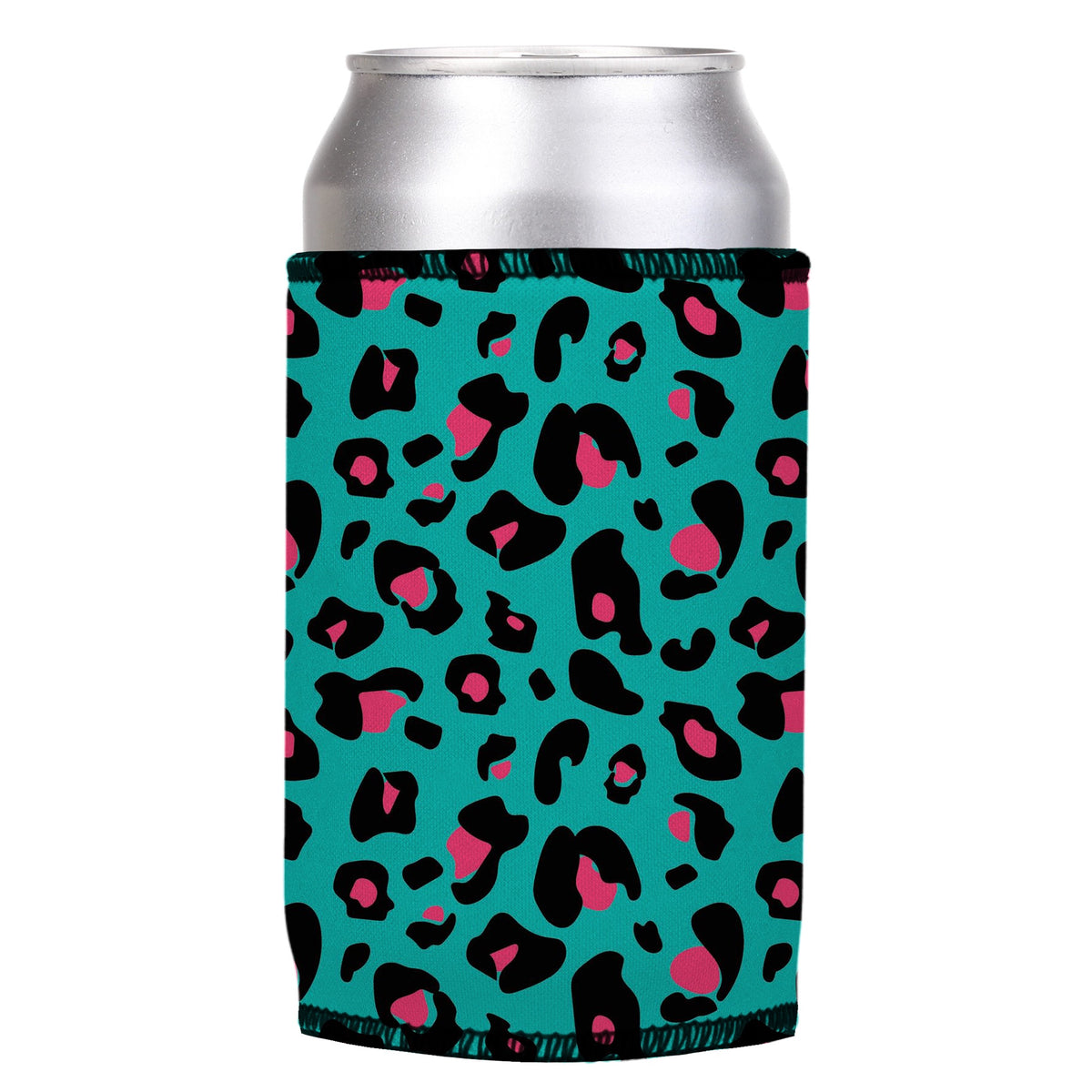 Teal Leopard Pattern Stubbyz One Size cooler on a standard can, angled view