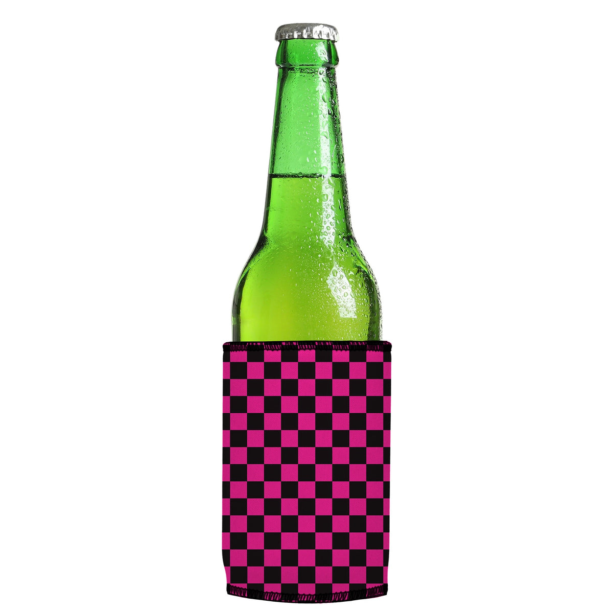 Pink Checkerboard Stubbyz One Size cooler on a slim Euro-style bottle