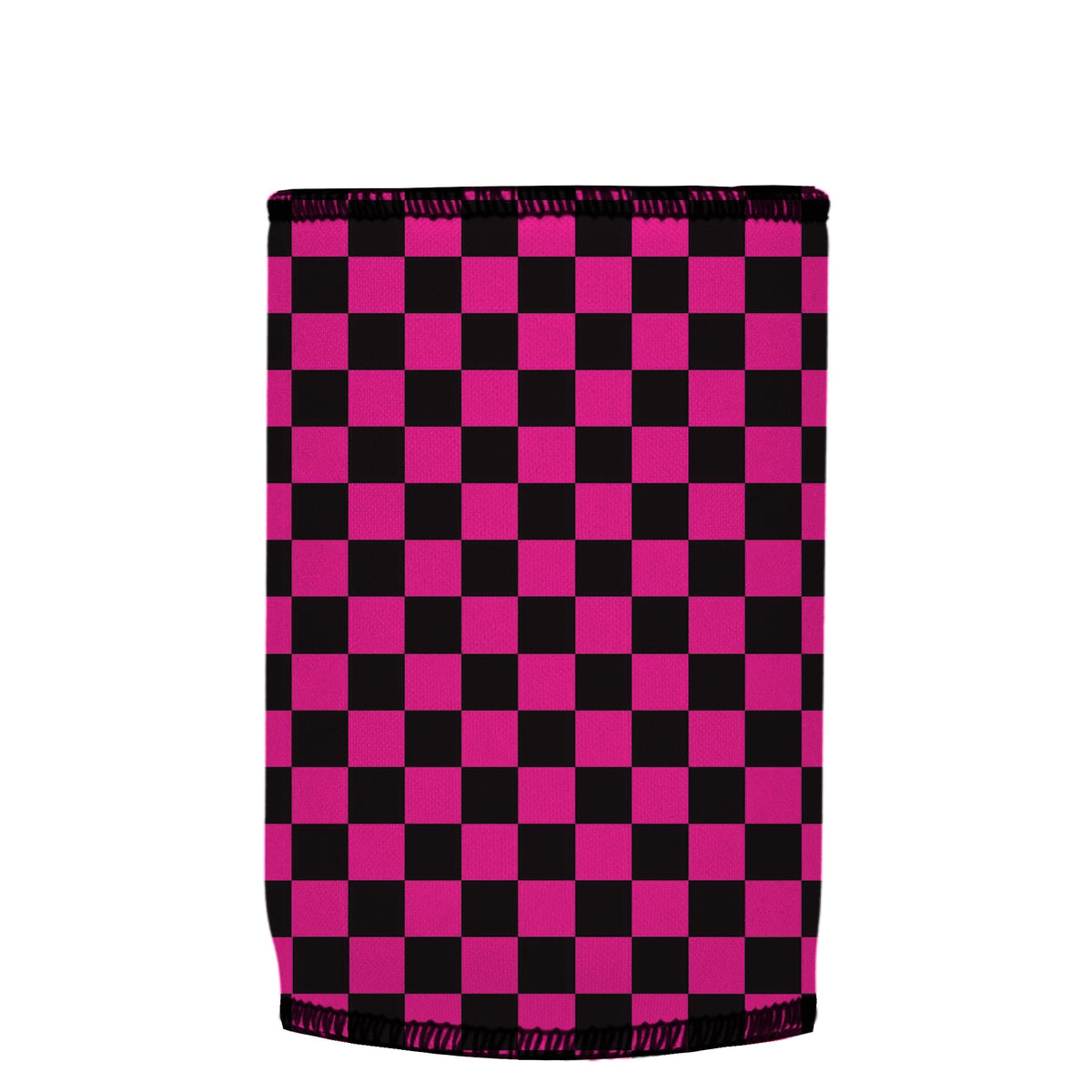 Pink Checkerboard Stubbyz One Size baseless stubby cooler, shown flat