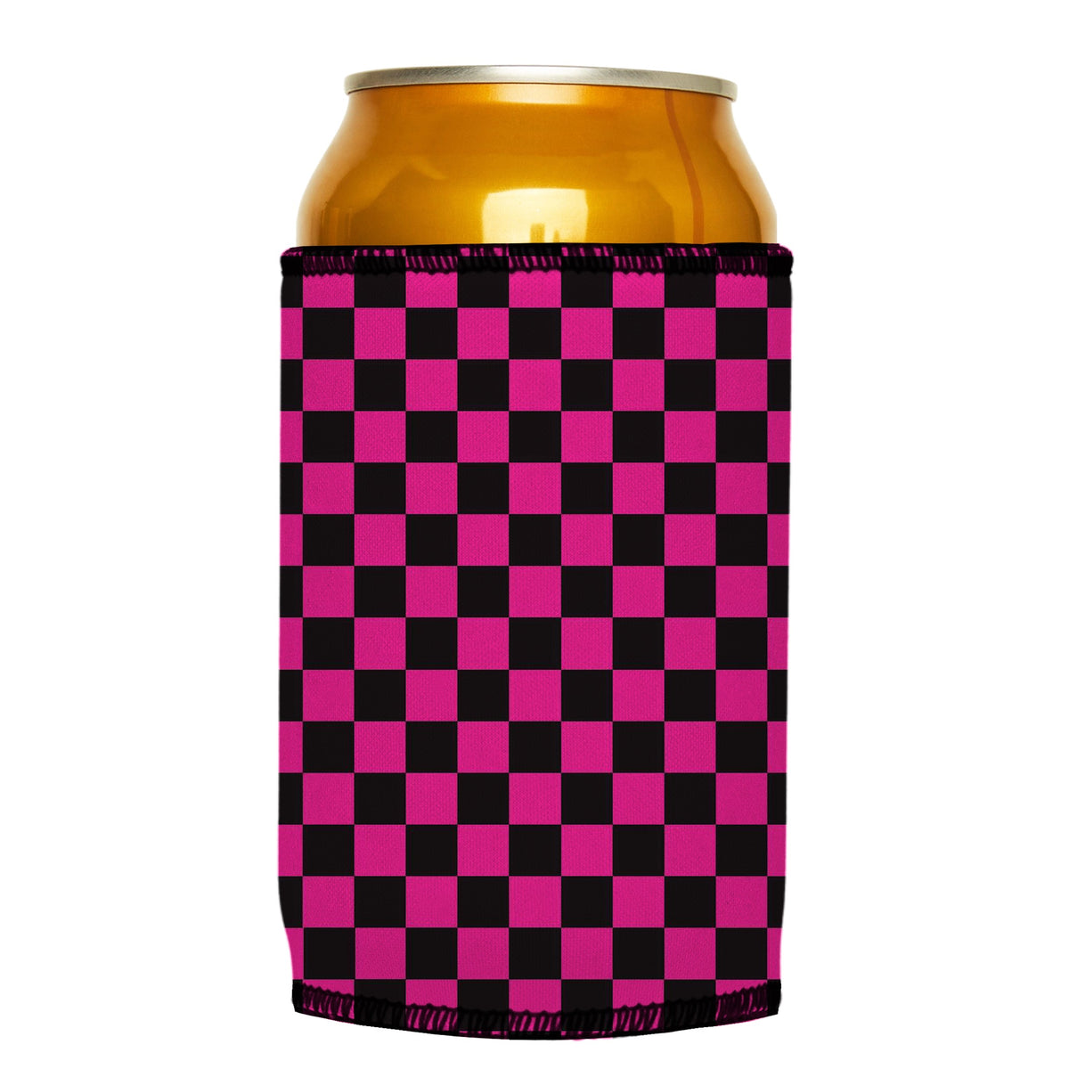 Pink Checkerboard Stubbyz One Size cooler on a standard can