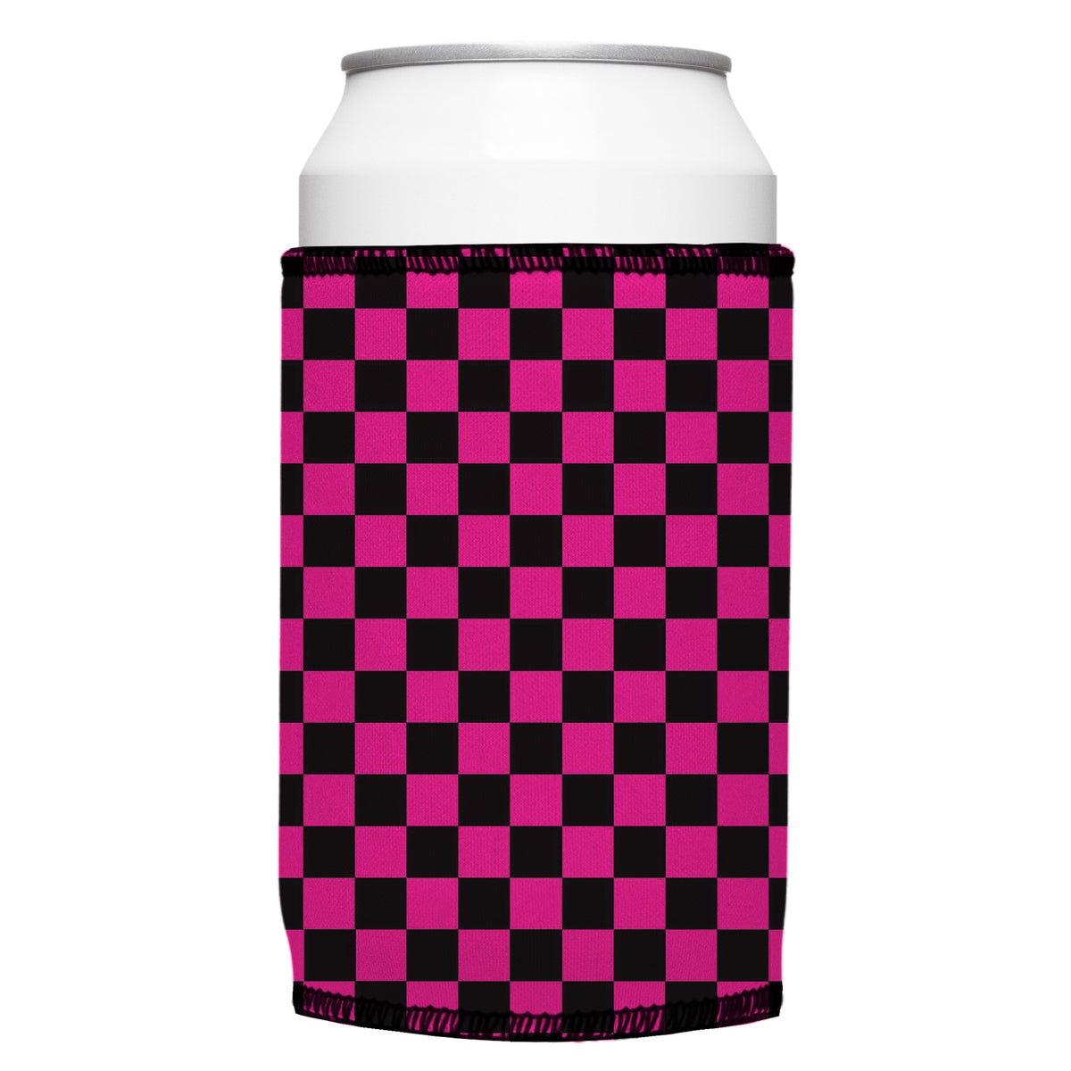 Pink Checkerboard Stubbyz One Size cooler on a standard bottle