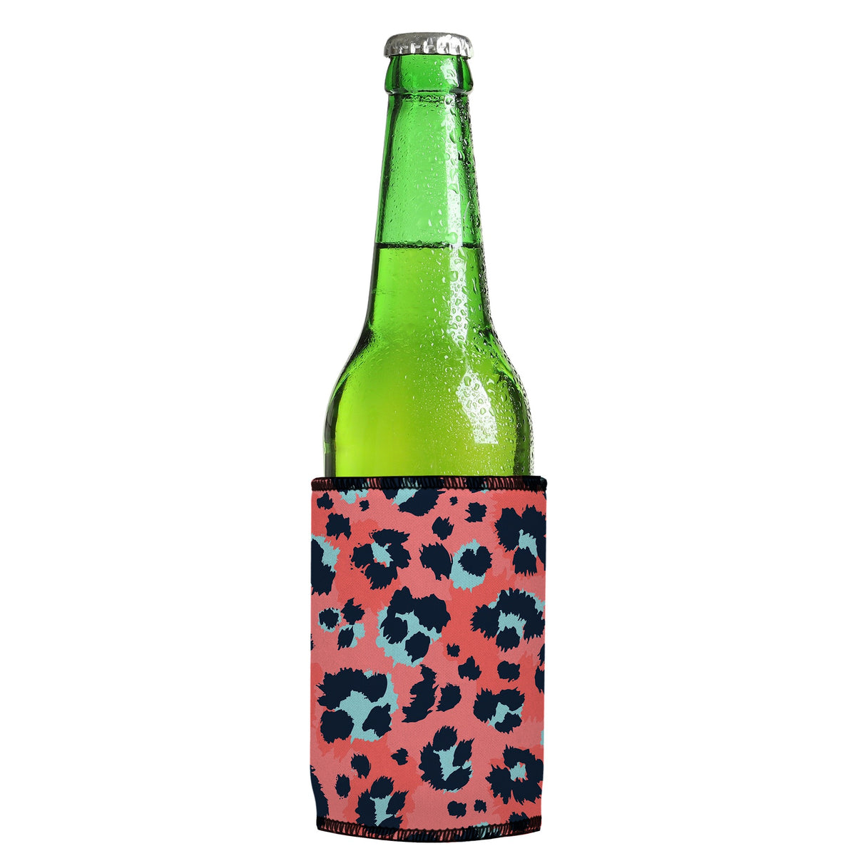 Coral Leopard Print Stubbyz One Size cooler on a slim Euro-style bottle