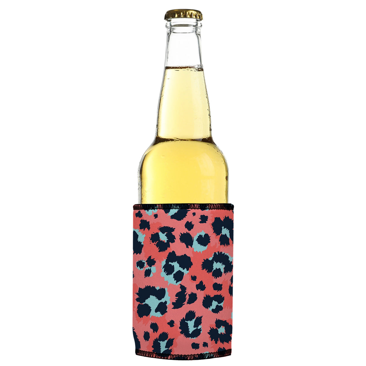 Coral Leopard Print Stubbyz One Size cooler on a slim bottle, angled view