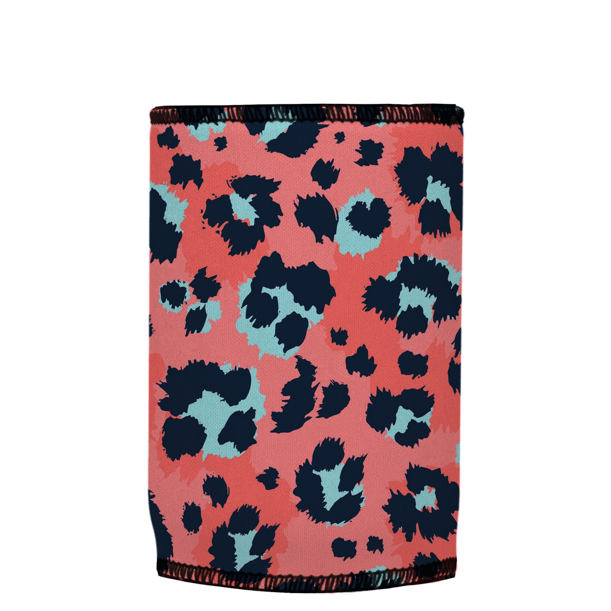 Coral Leopard Print Stubbyz One Size baseless stubby cooler, shown flat