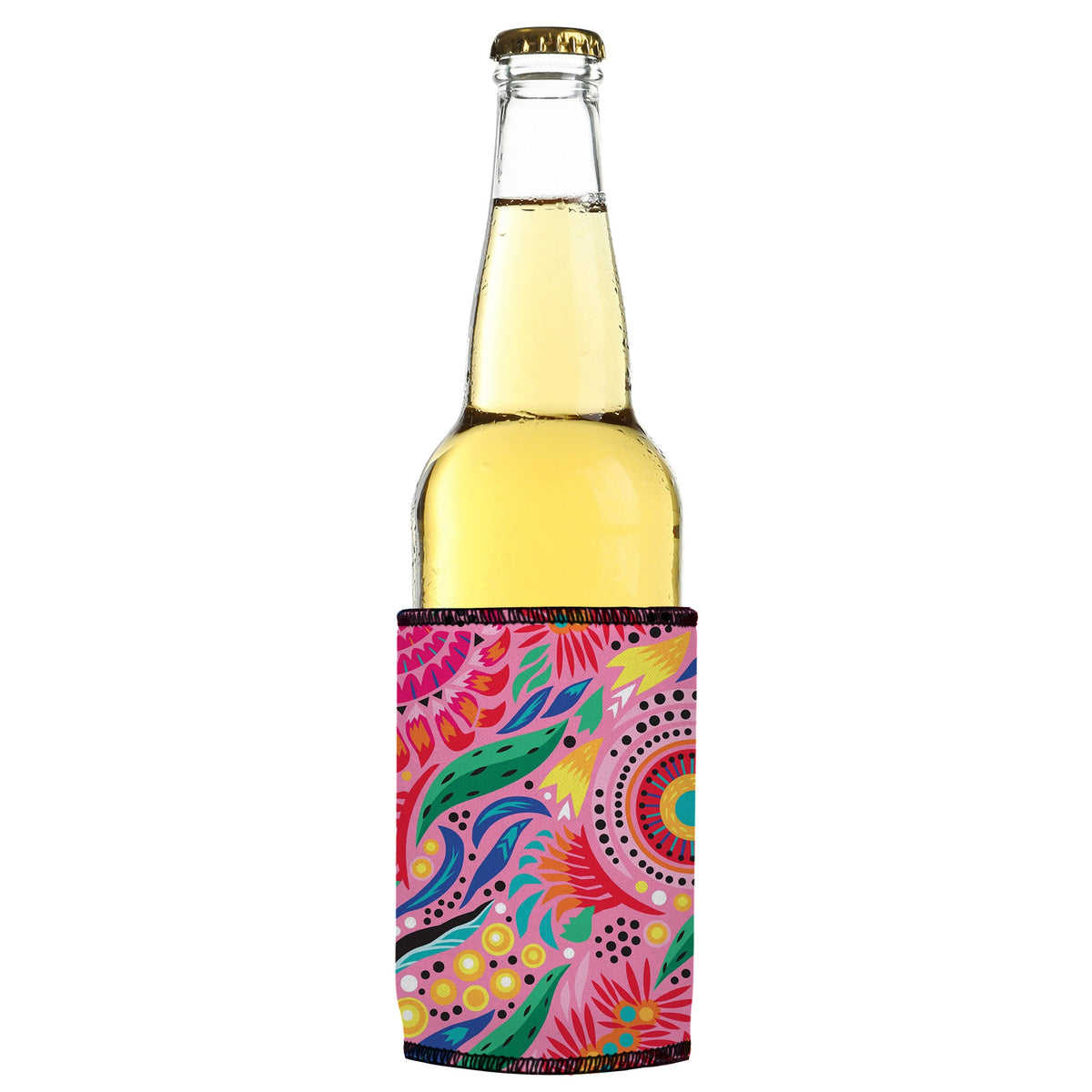 Australian Flowers Stubbyz One Size cooler on a slim bottle, angled view