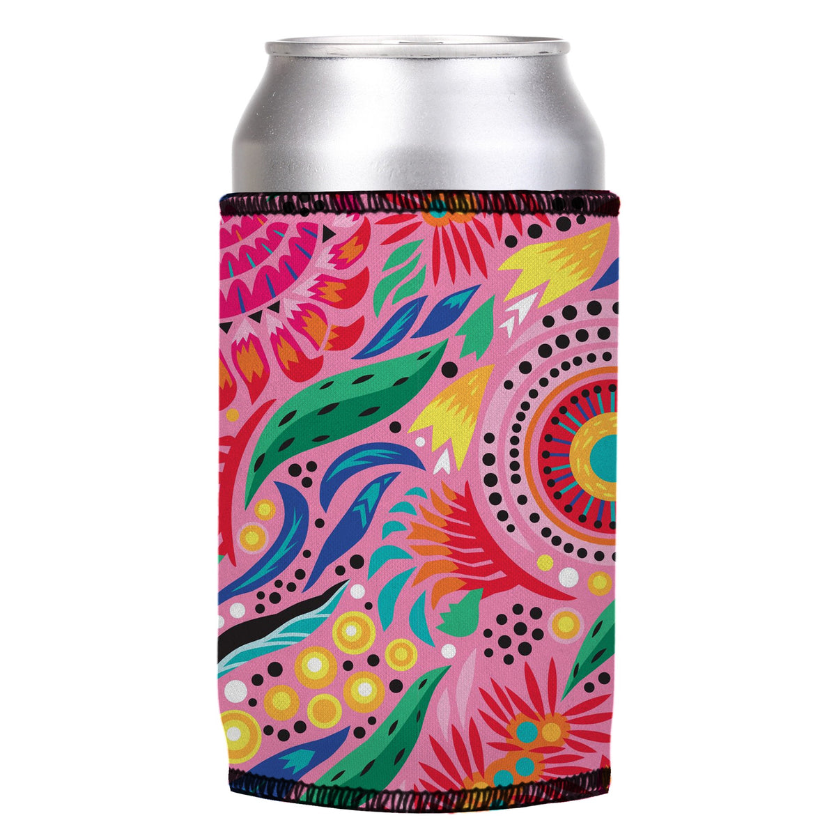 Australian Flowers Stubbyz One Size cooler on a standard can, angled view