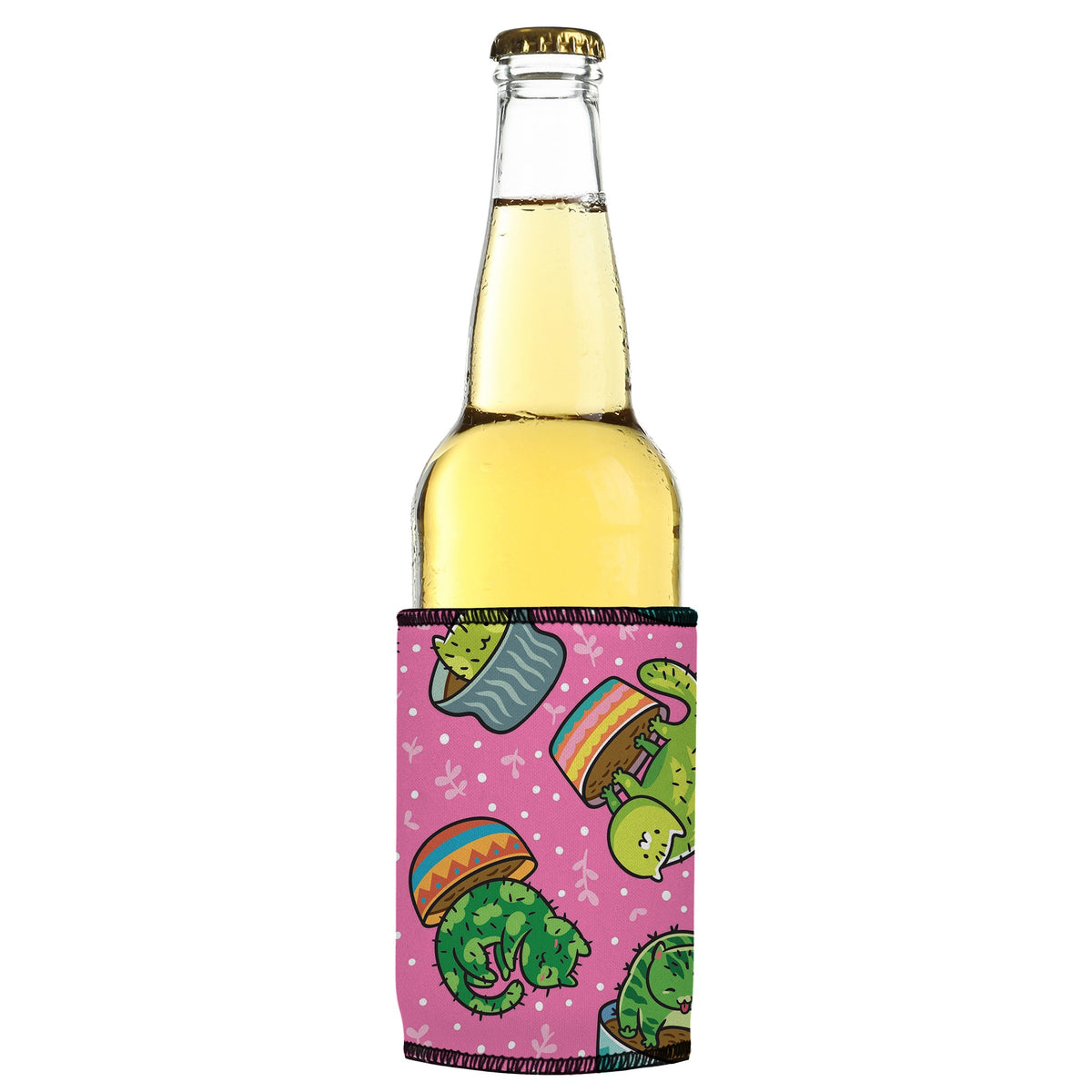 Cats in a Flowerpot Stubbyz One Size cooler on a slim bottle, angled view