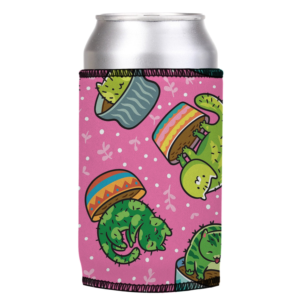Cats in a Flowerpot Stubbyz One Size cooler on a standard can, angled view
