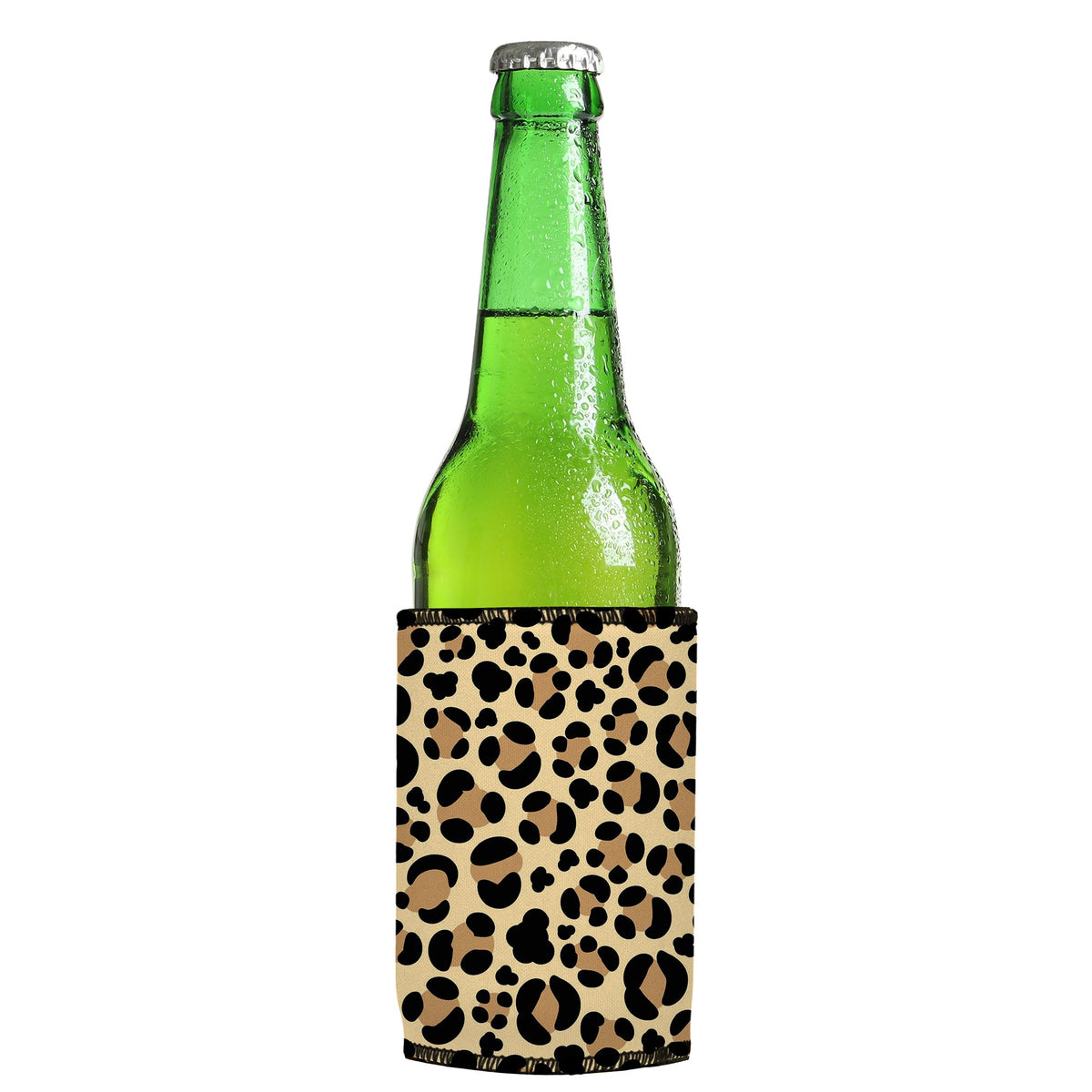 Leopard Print Stubbyz One Size cooler on a slim Euro-style bottle