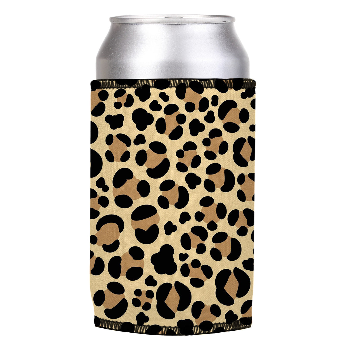 Leopard Print Stubbyz One Size cooler on a standard can, angled view