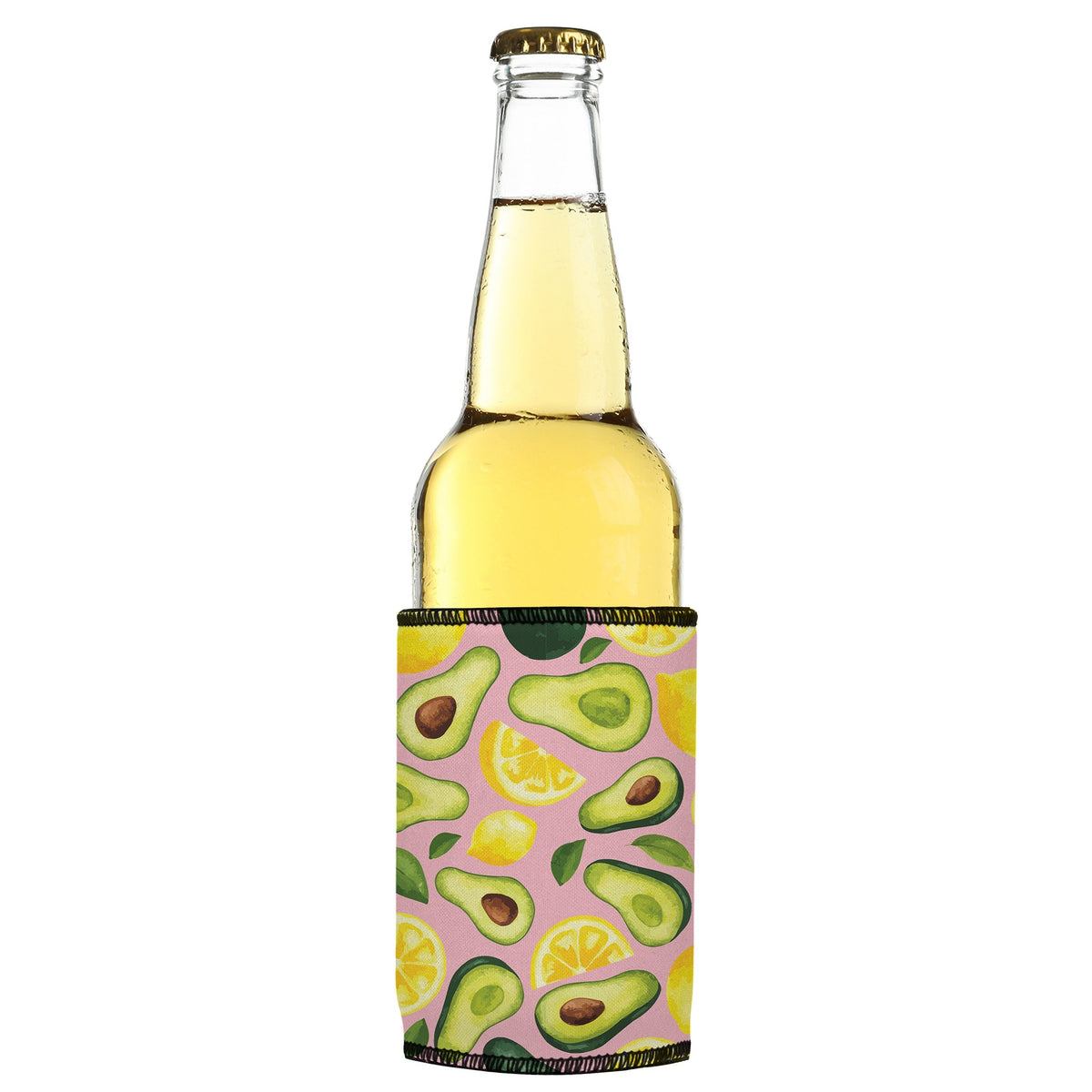 Avos & Lemons Stubbyz One Size cooler on a slim bottle, angled view