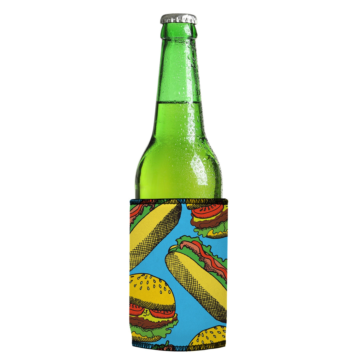 Hamburgers & Sandwiches Stubbyz One Size cooler on a slim Euro-style bottle