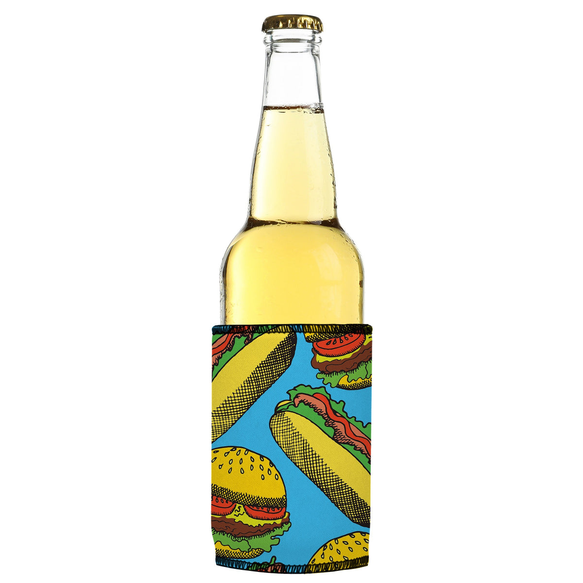 Hamburgers & Sandwiches Stubbyz One Size cooler on a slim bottle, angled view