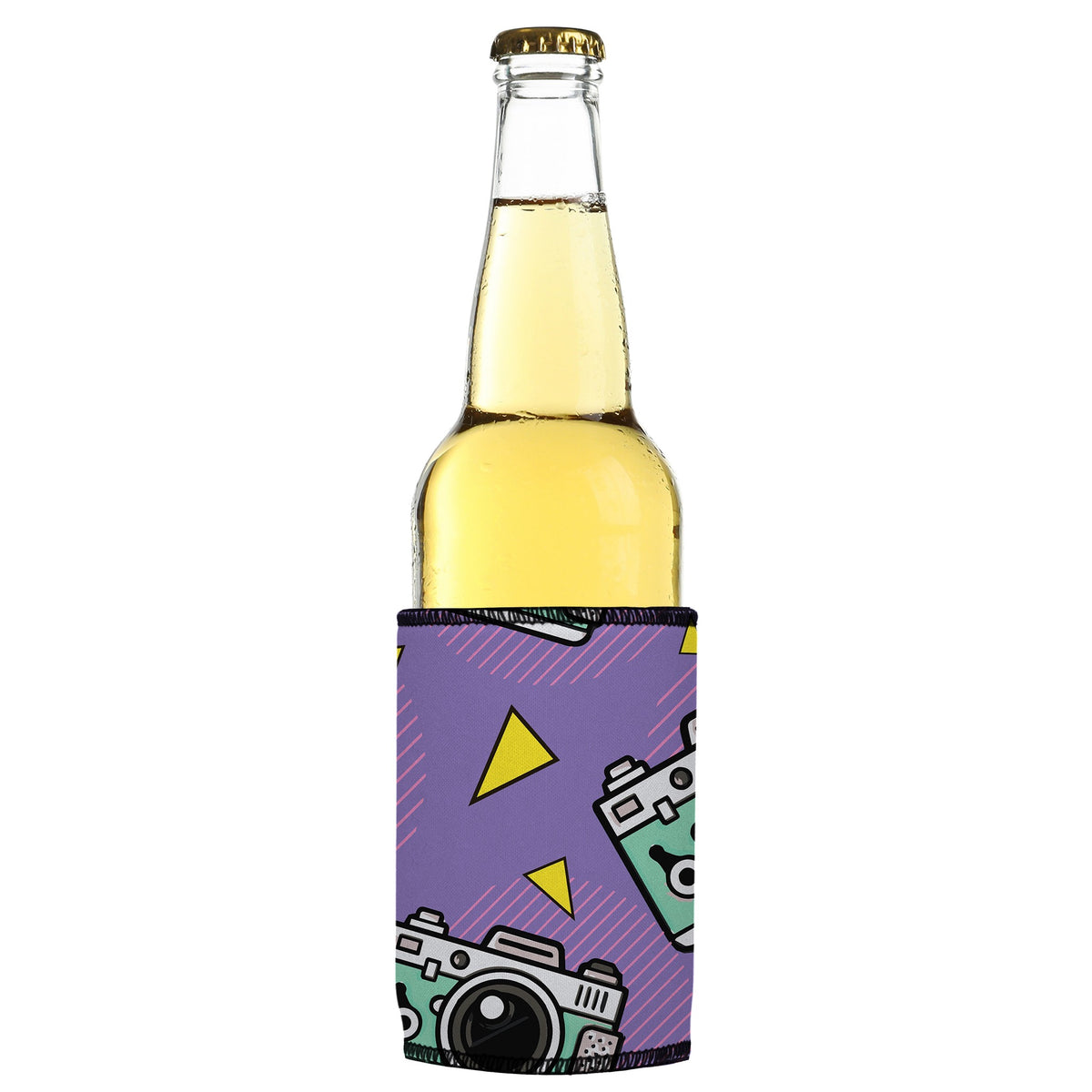 Cameras Shoot People Stubbyz One Size cooler on a slim bottle, angled view