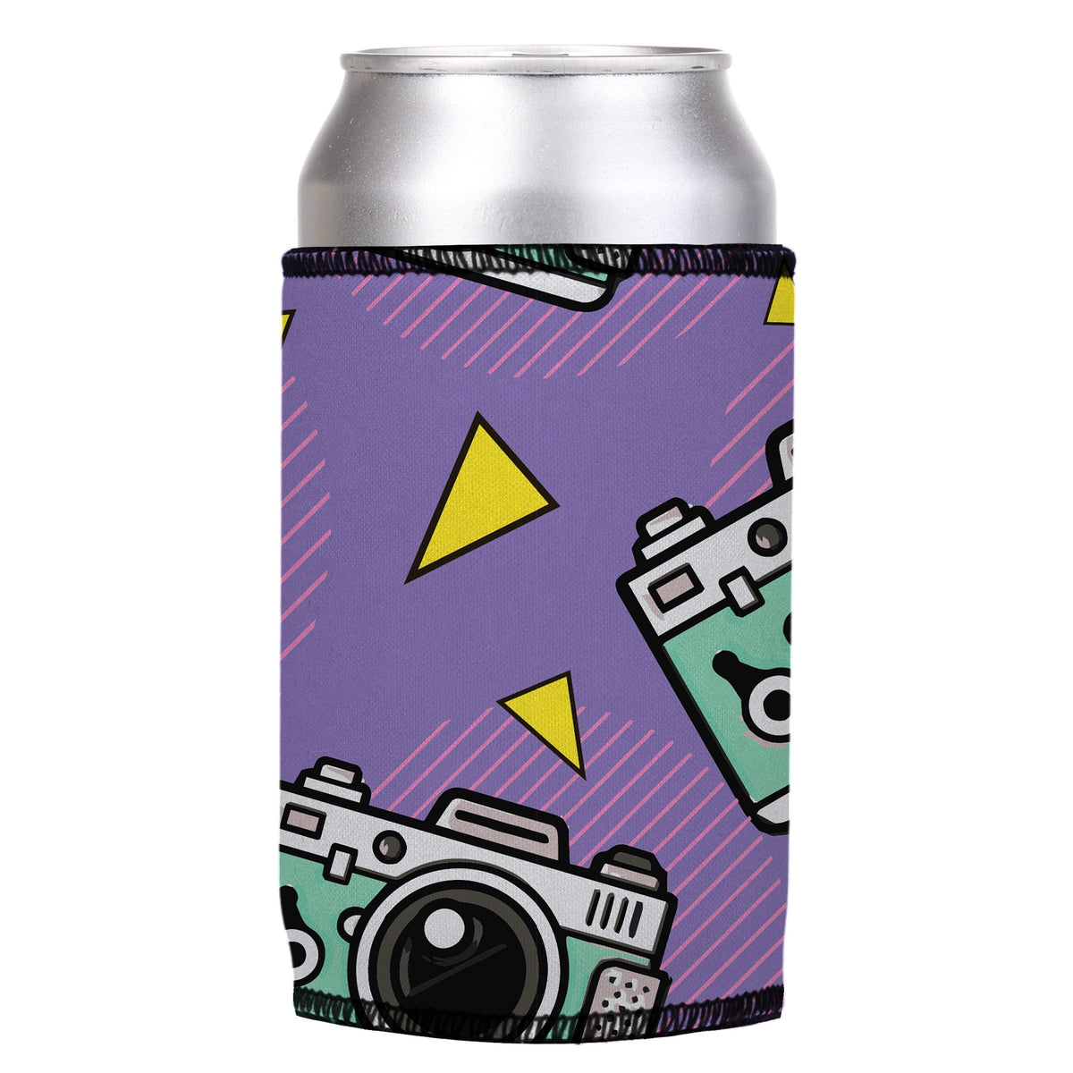 Cameras Shoot People Stubbyz One Size cooler on a standard can, angled view