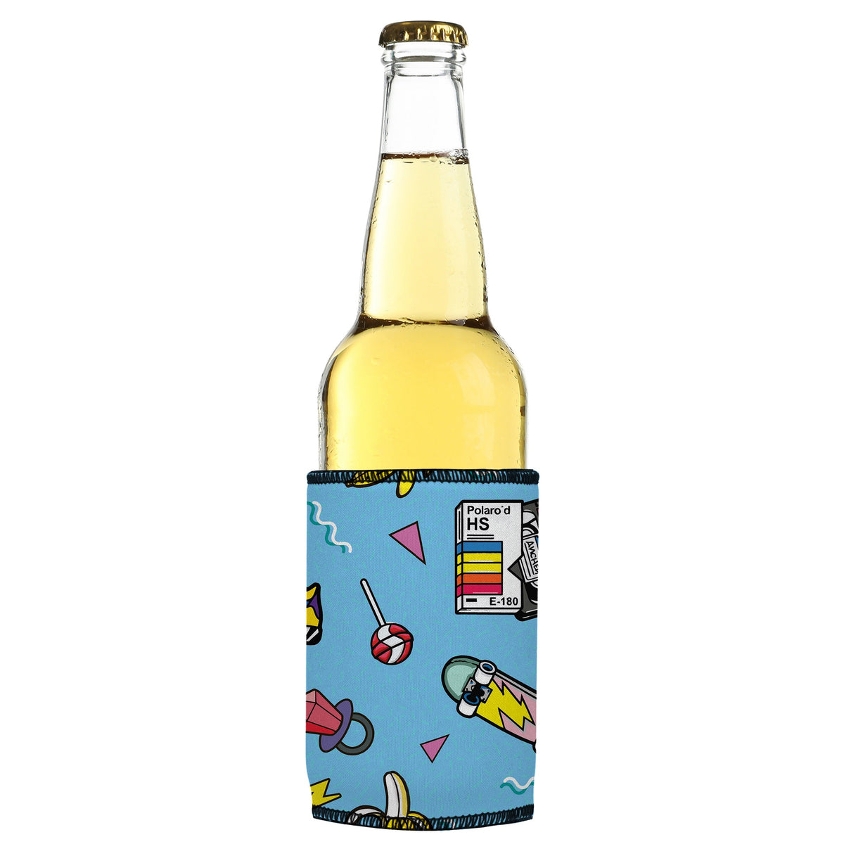 Mid 80s Stubbyz One Size cooler on a slim bottle, angled view