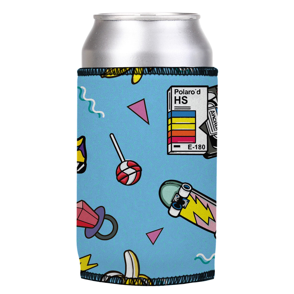 Mid 80s Stubbyz One Size cooler on a standard can, angled view