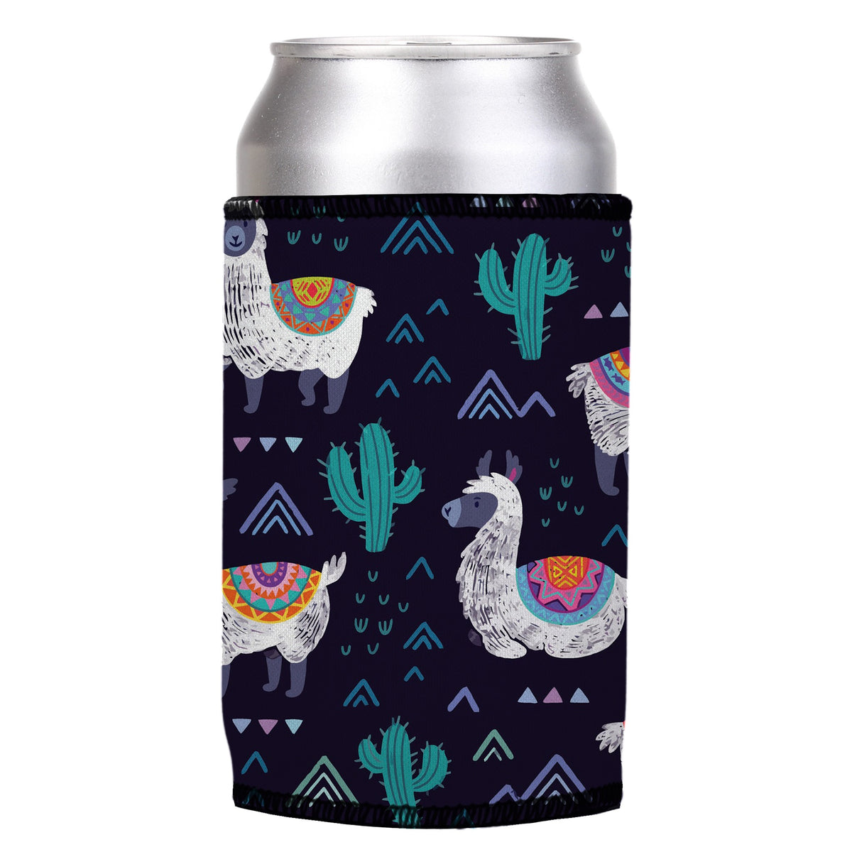 Alpaca & Llamas Stubbyz One Size cooler on a standard can, angled view