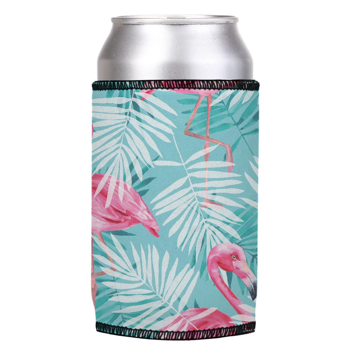 Pink Flamingos Stubbyz One Size cooler on a standard can, angled view