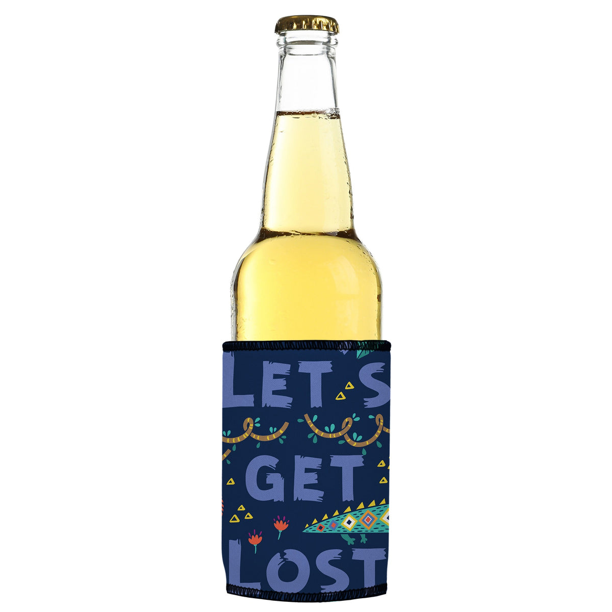 Lets Get Lost in the Wild Stubbyz One Size cooler on a slim bottle, angled view