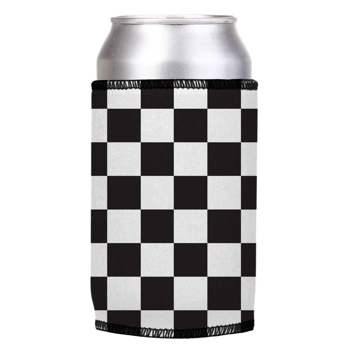 Small Checkerboard Stubbyz One Size cooler on a standard can, angled view