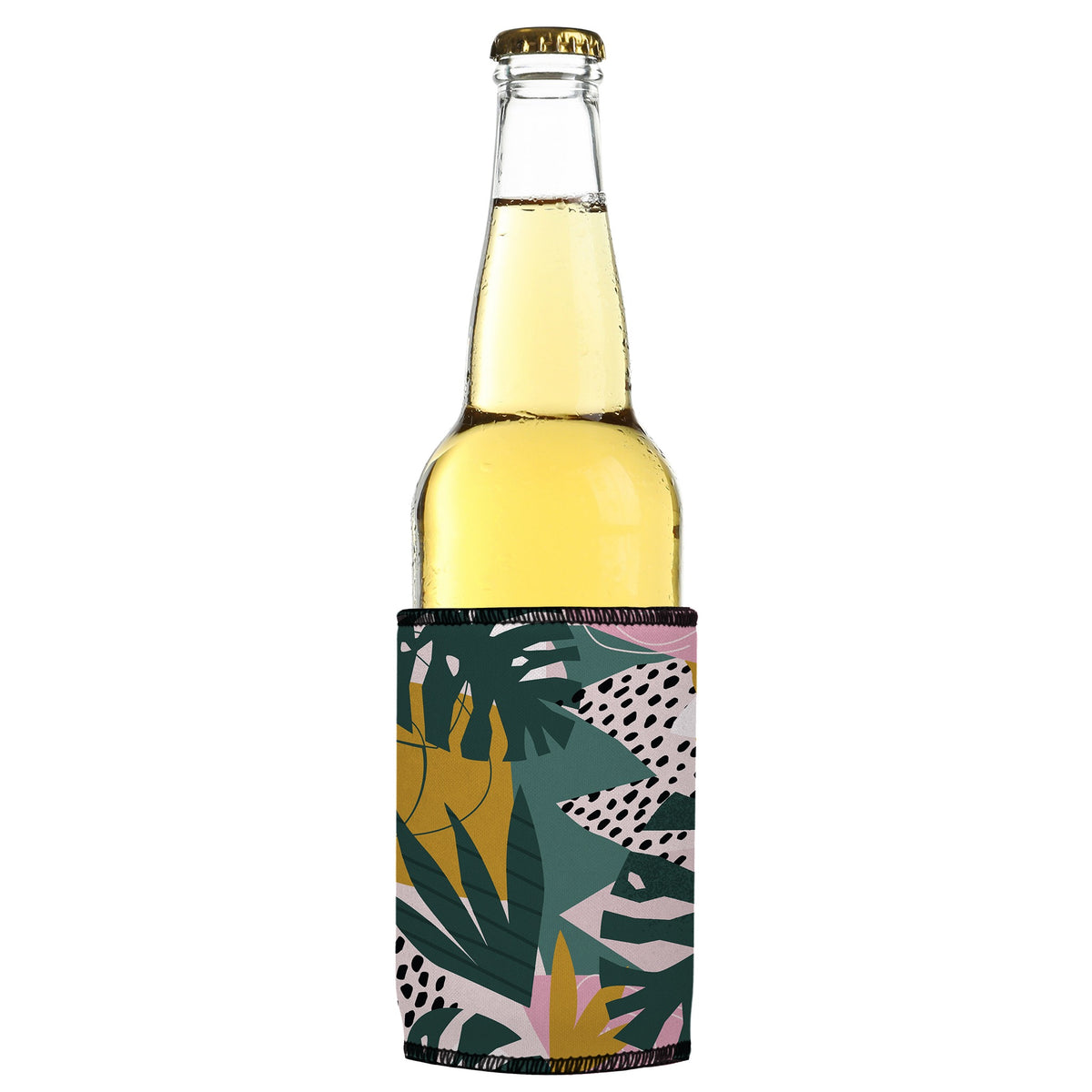 Exotic Jungle Plants Stubbyz One Size cooler on a slim bottle, angled view