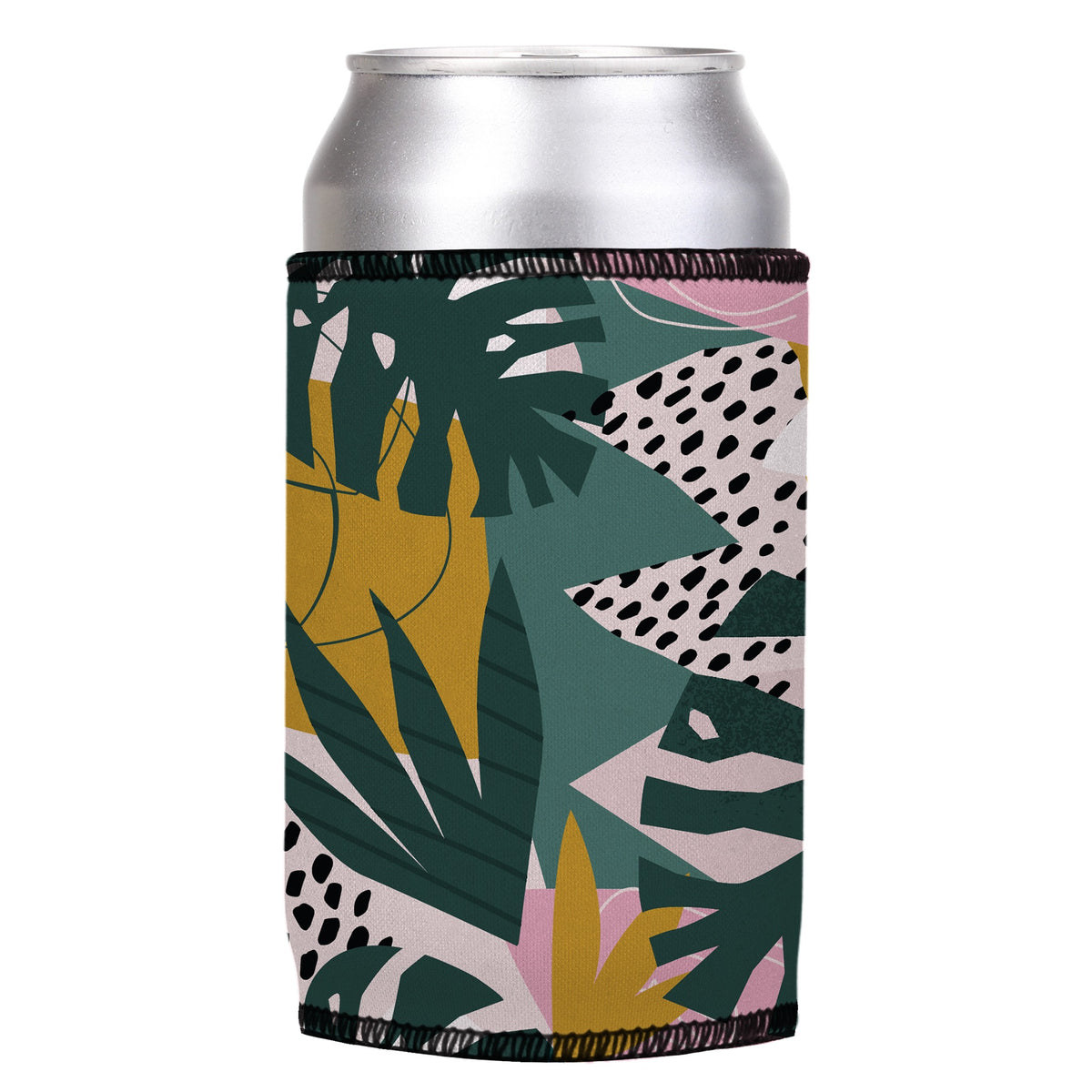 Exotic Jungle Plants Stubbyz One Size cooler on a standard can, angled view