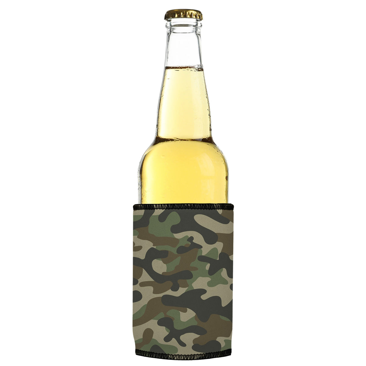 Woodland Camo Stubbyz One Size cooler on a slim bottle, angled view