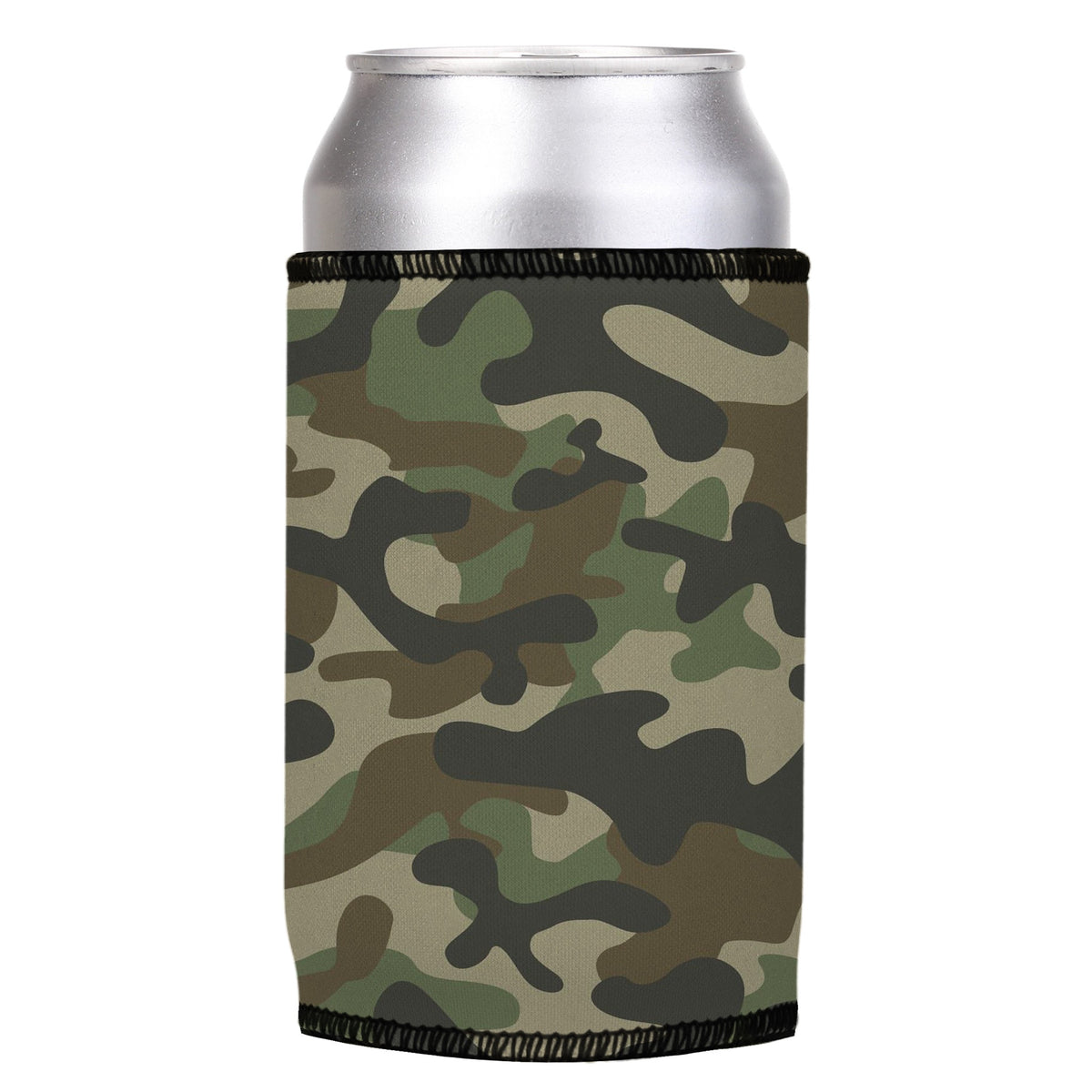 Woodland Camo Stubbyz One Size cooler on a standard can, angled view